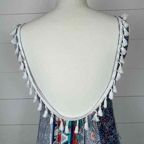 Blush Dress Womens Small Blue Mini Sleeveless V Neck Floral Aztec Fringe Casual - Picture 6 of 10